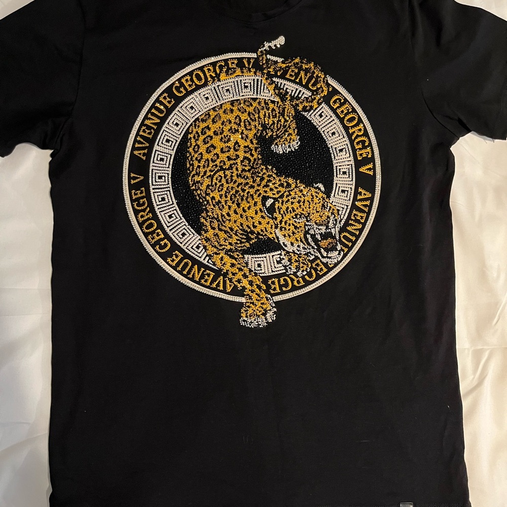 George V Black T-Shirt with Rhinestone Leopard Design